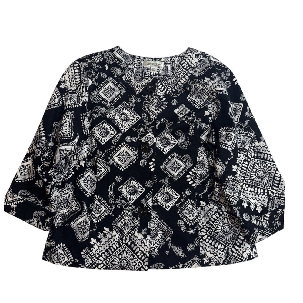Coldwater Creek Bandana Print Jacket Women P14 Black White Boho Geometric Career